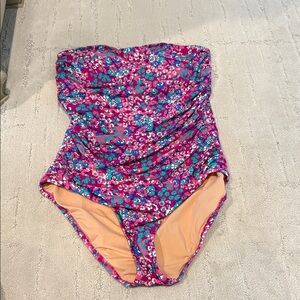 J Crew Floral Strapless, Ruched Swimsuit - Size L